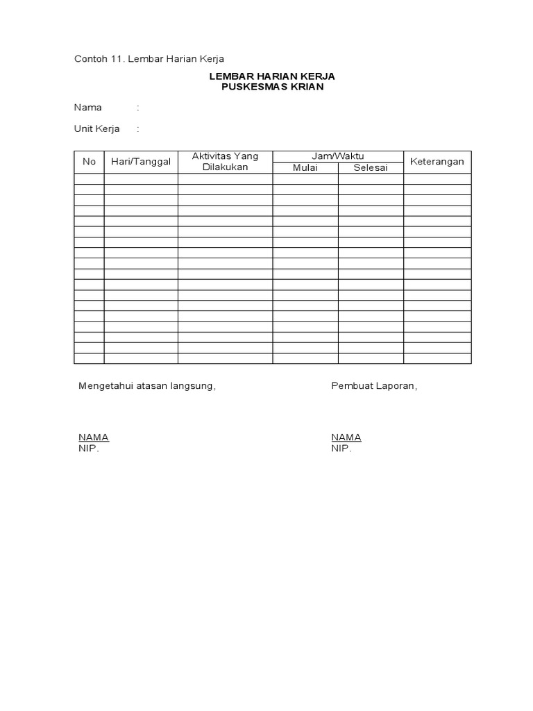 Contoh Lembar Harian Kerja Pdf