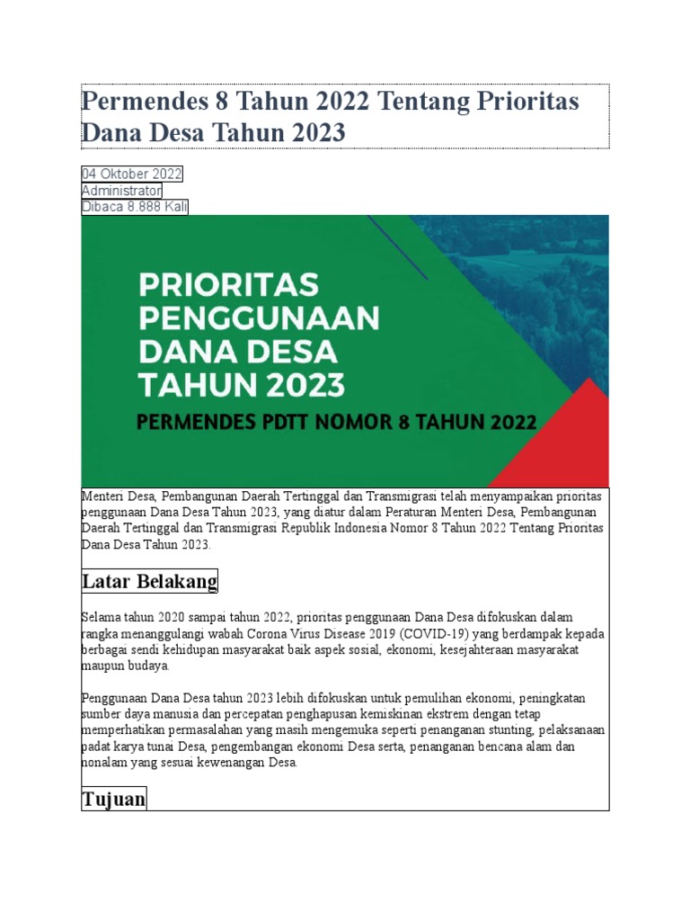 Permendes 8 Tahun 2022 Tentang Prioritas Dana Desa Tahun 2023 PDF