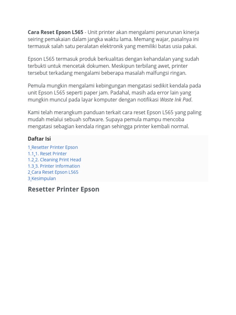 Cara Reset Epson L565 | PDF