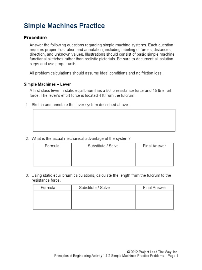 Lever Practice Problems (1) Act 1.12 PDF Lever Machines