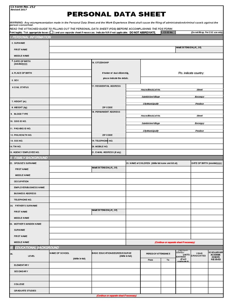 Personal Data Sheet CS Form No. 212 Revised 2017 PDF Government Justice