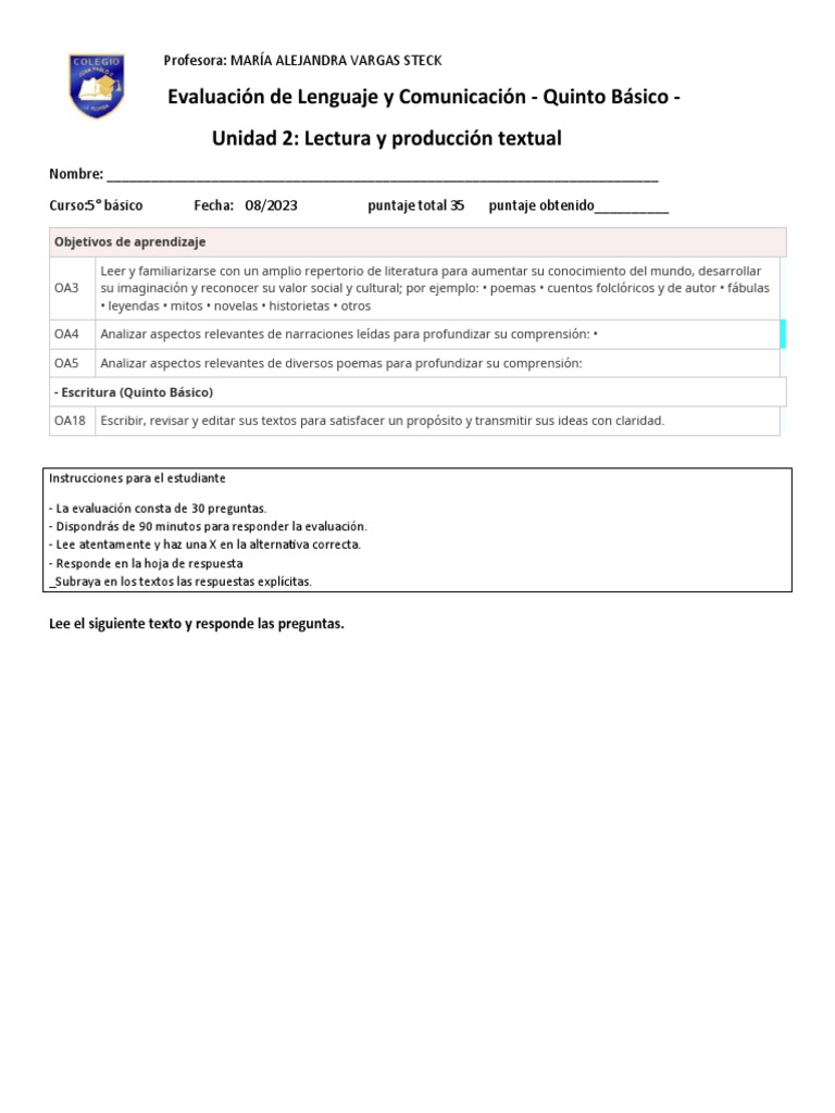 Evaluación de Lenguaje Quinto Básico | PDF | Arca de Noé | Noé