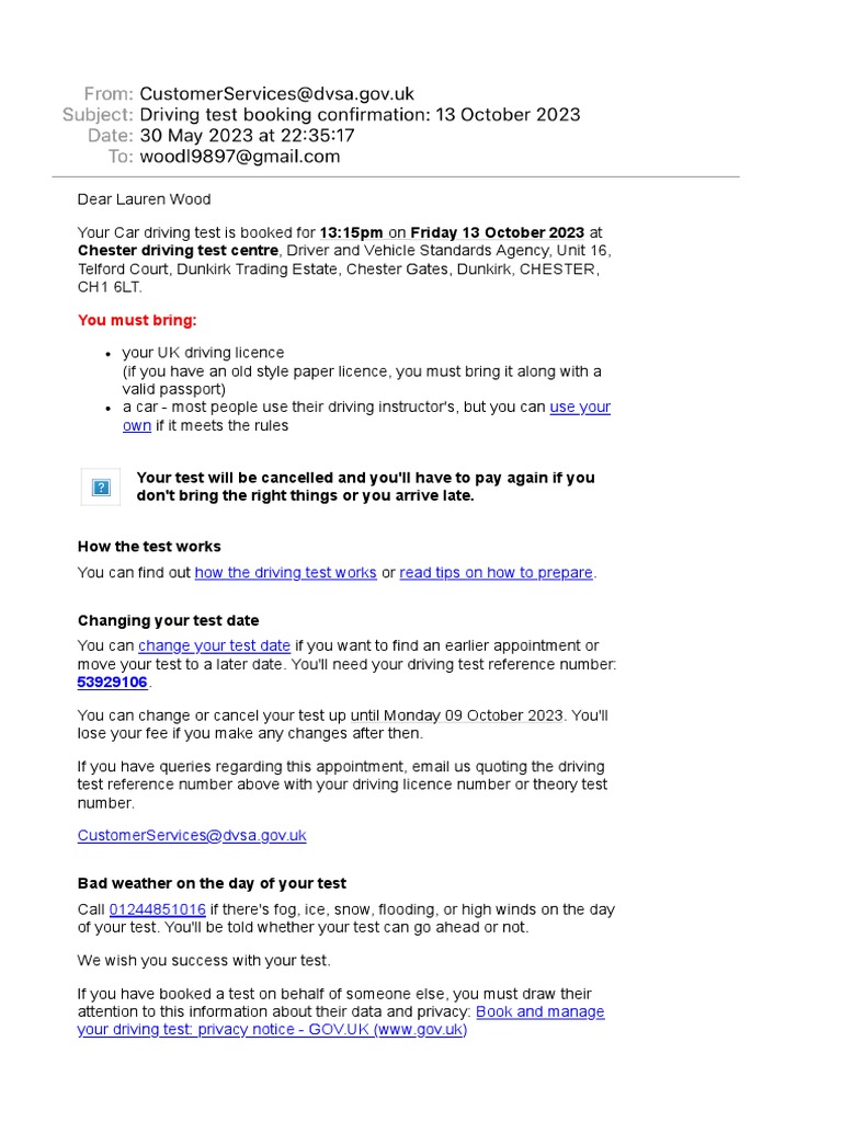 Driving Test Booking Confirmation 13 October 2023 PDF