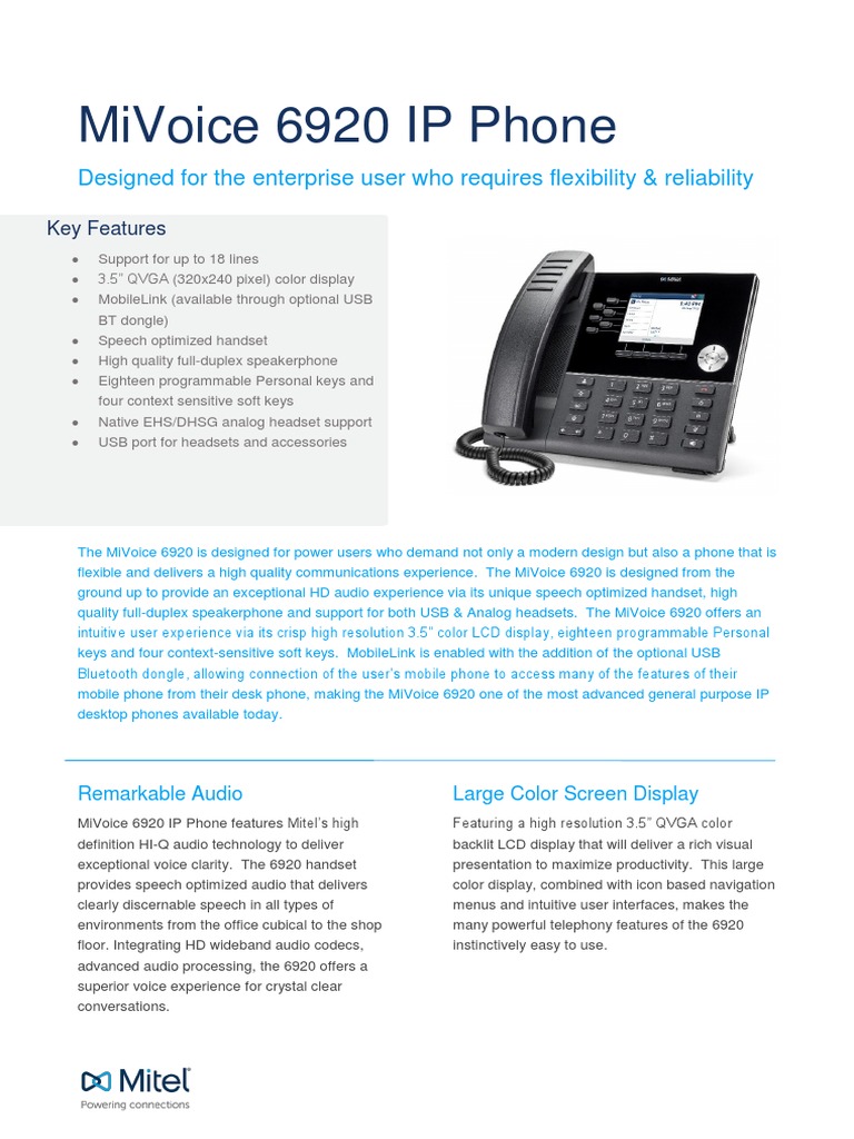 Mitel MiVoice 6920 IP Phone Data Sheet PDF Telephone Usb