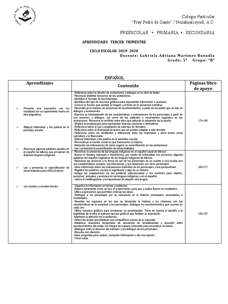 Aprendizajes Tercer Trimestre 5 B Pdf