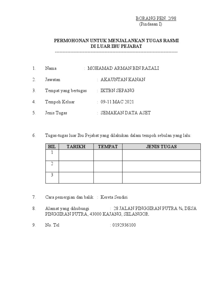 Borang Tugas Rasmi Luar Pejabat | PDF