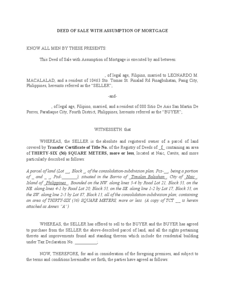 DeedOfSaleWithAssumptionOfMortgage 10132022 PDF Mortgage
