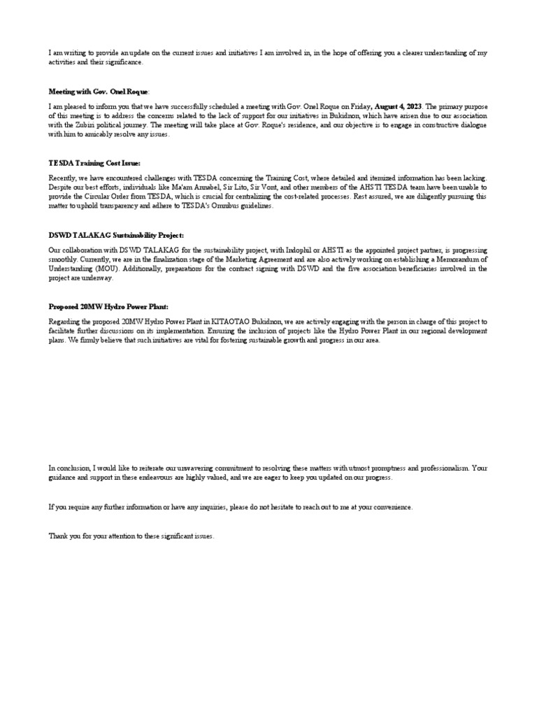 I Am Writing To Provide An Update On The Current Issues and Initiatives