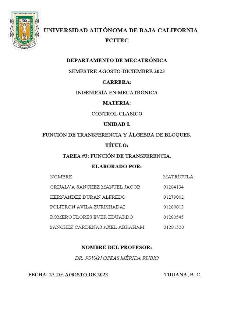 Tarea 3 Función de Transferencia PDF Matriz (Matemáticas