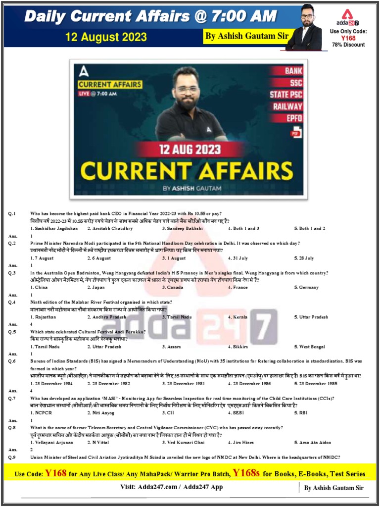 12+August+2023+Current+Affair+by+Ashish+Gautam+Sir New | PDF
