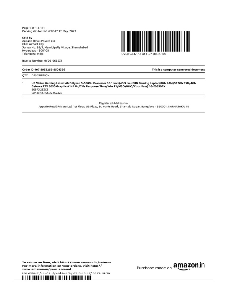 HP Victus Warranty Slip Amazon PDF