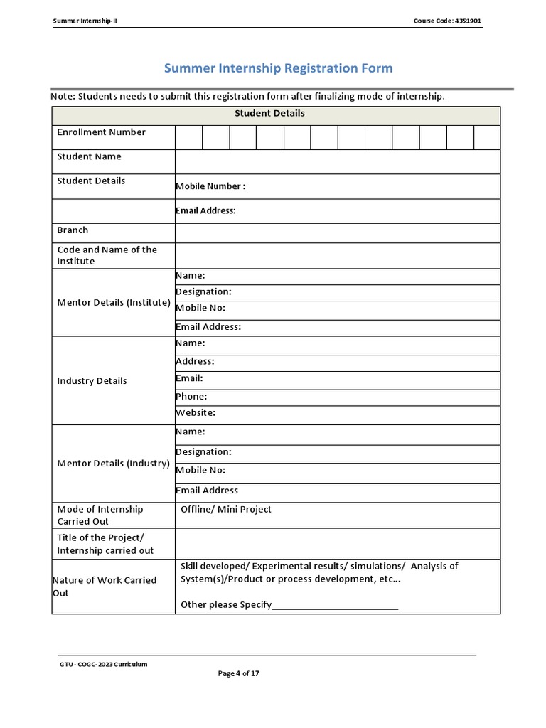 Summer Internship Registration Form: Student Details | PDF