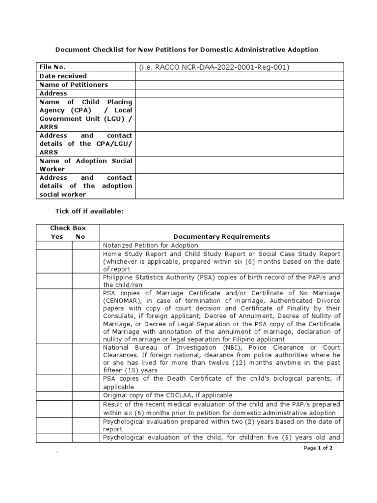 Domestic Adoption Petition Checklist | PDF | Annulment | Adoption