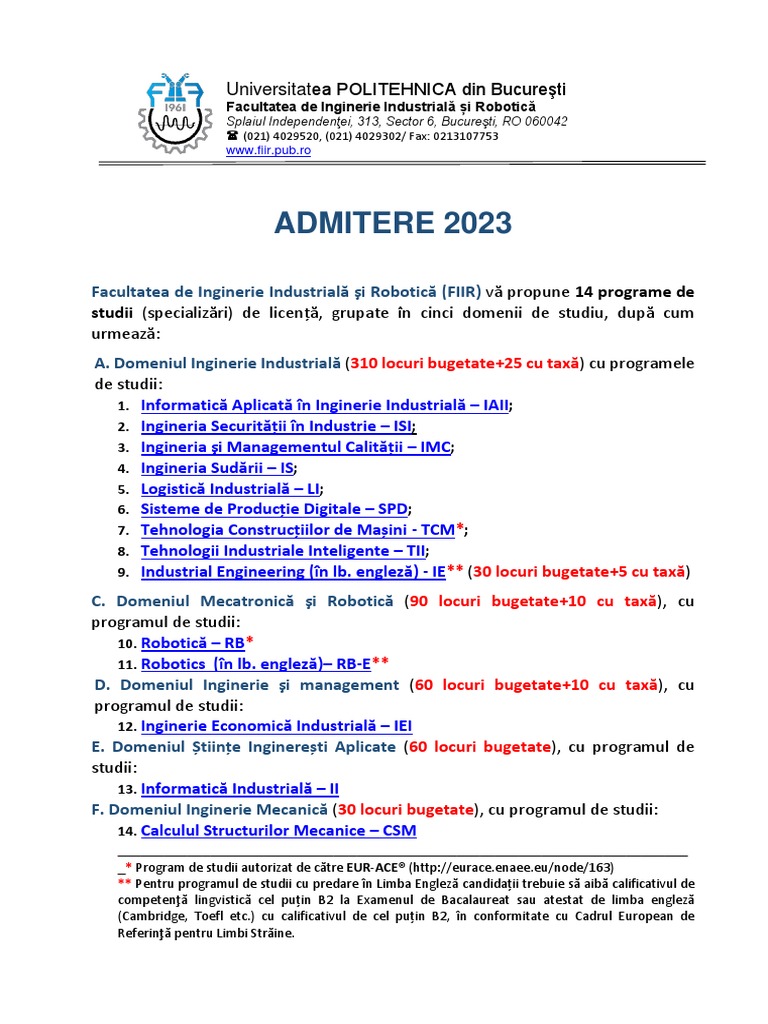 ADMITERE FIIR 2023 Informatii Generale 2 | PDF