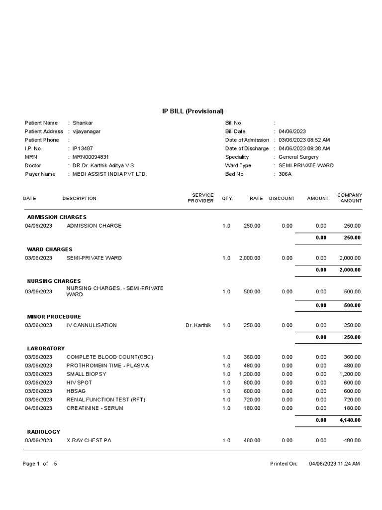 Provisional IP Bill for Patient Shankar | PDF | Medical Specialties ...