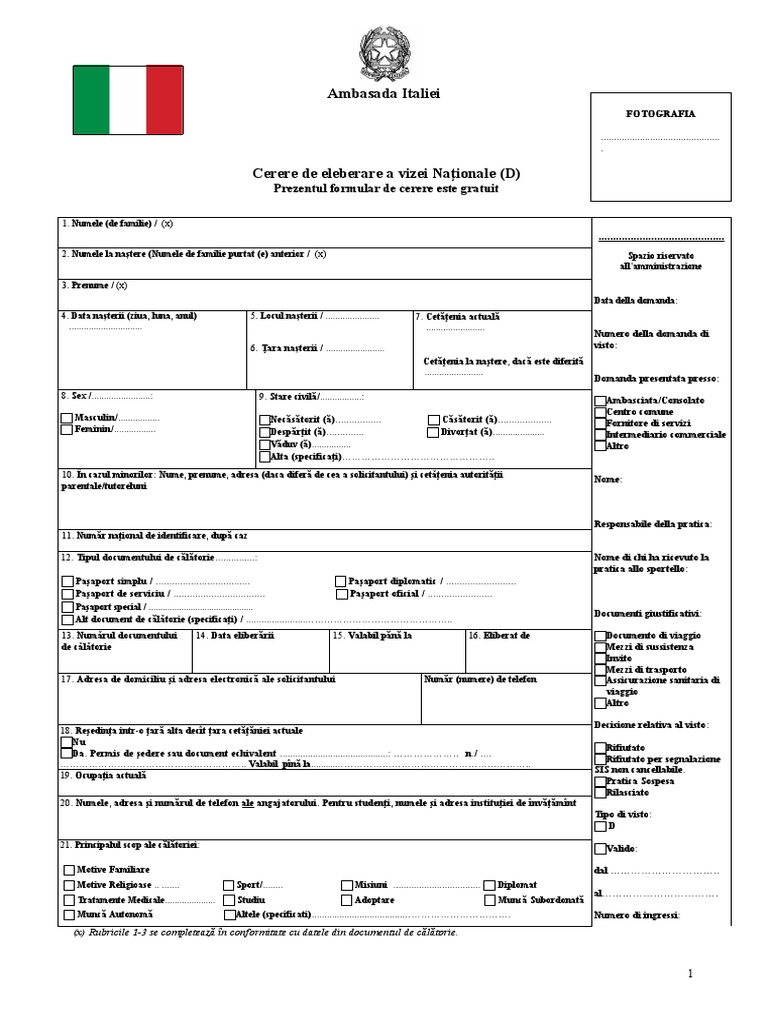 Ambasada Italiei: Prezentul Formular de Cerere Este Gratuit | PDF