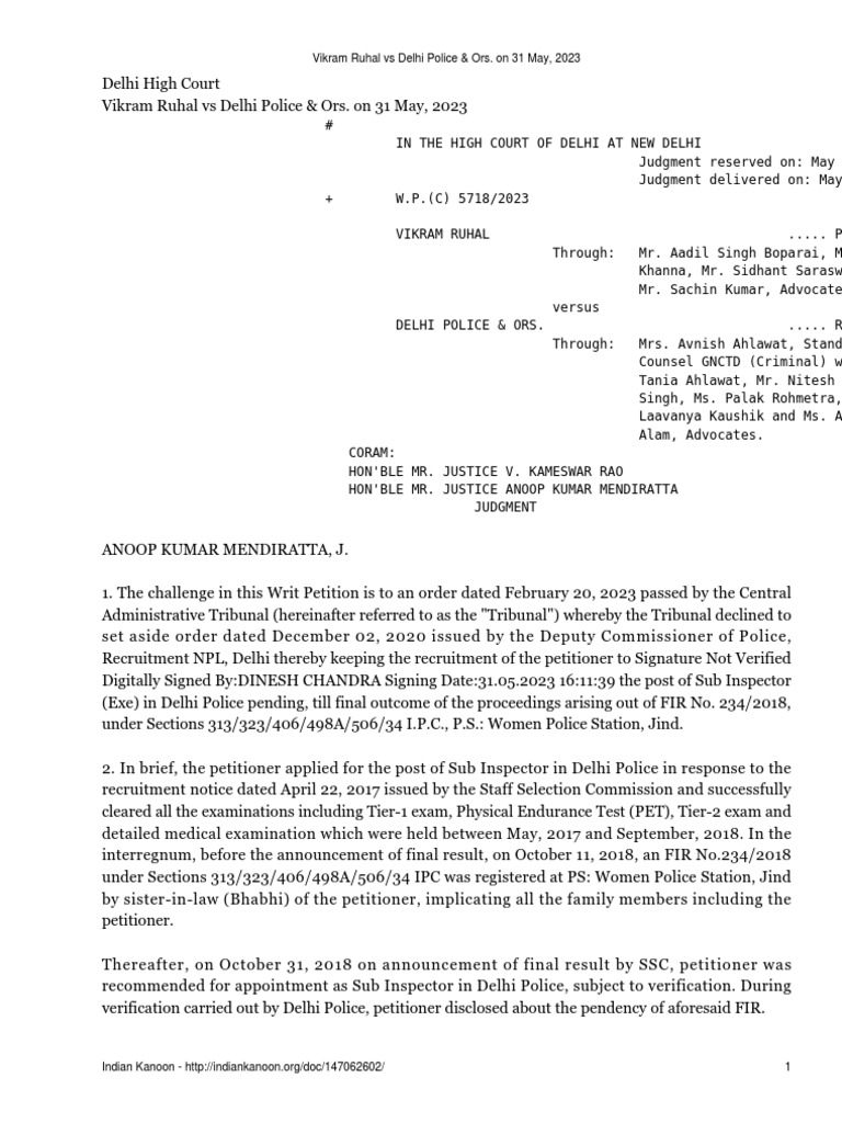 Ruhal vs Delhi Police: Recruitment Case | PDF | Writ | Trials