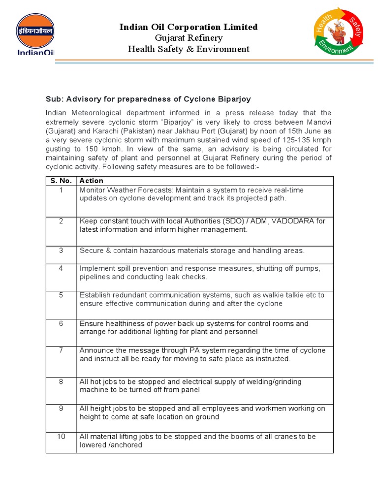 Advisory For Cyclone Biparjoy | PDF | Oil Refinery | Cyclone