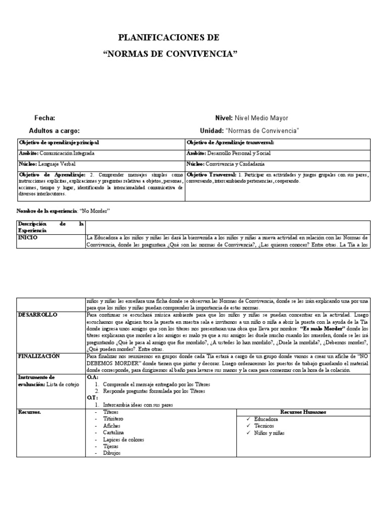 Planificaciones Medio Mayor de Las Normas de Convivencia Nuevas | PDF