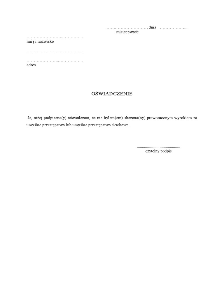 Owiadczenie O Nieskazaniu Prawomocnym Wyrokiem 1537 PDF