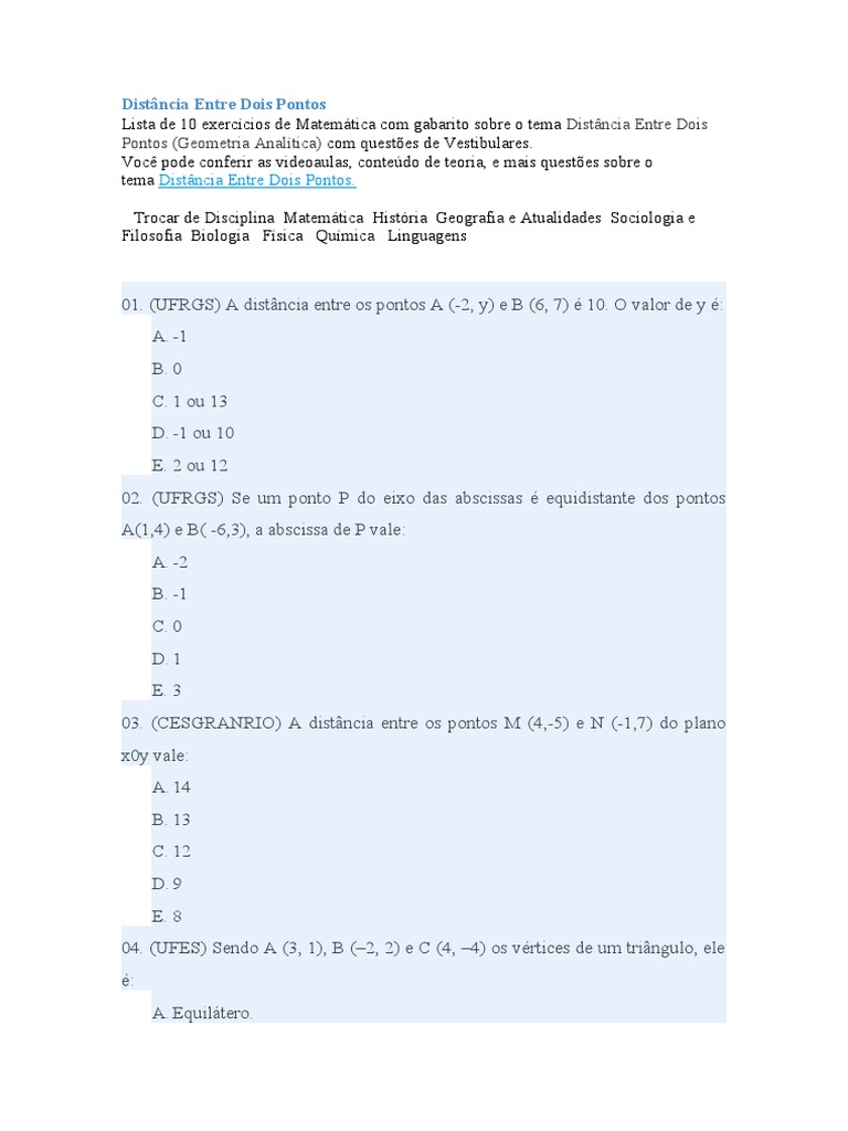 Questões Distância Entre Dois Pontos G.A | PDF | Triângulo | Sistema de ...