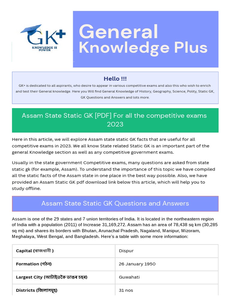 Assam Static GK for Competitive Exams | PDF