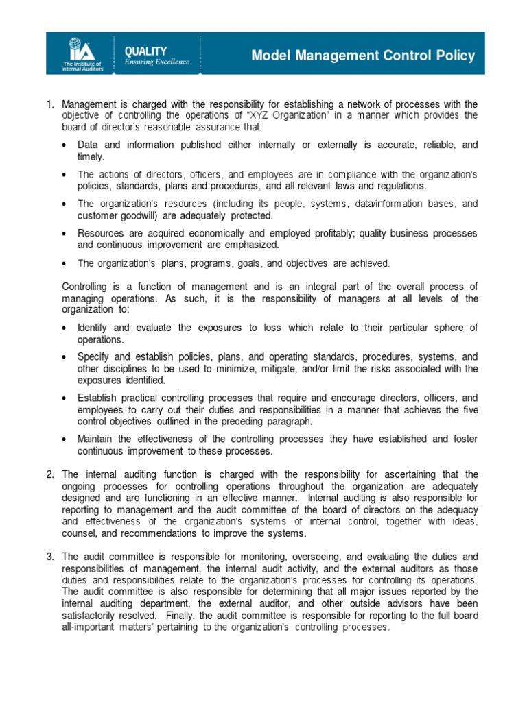 Model Management Control Policy PDF Internal Audit Audit