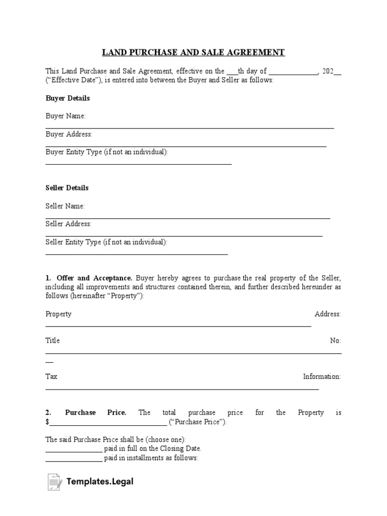 Land Purchase and Sale Agreement Templates Legal PDF Sales Taxes