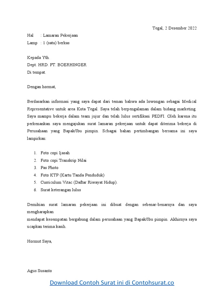 Contoh Surat Lamaran Kerja Berdasarkan Informasi Seseorang | PDF