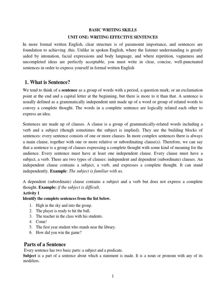 Basic writing skill handout 2015 pdf subject grammar sentence