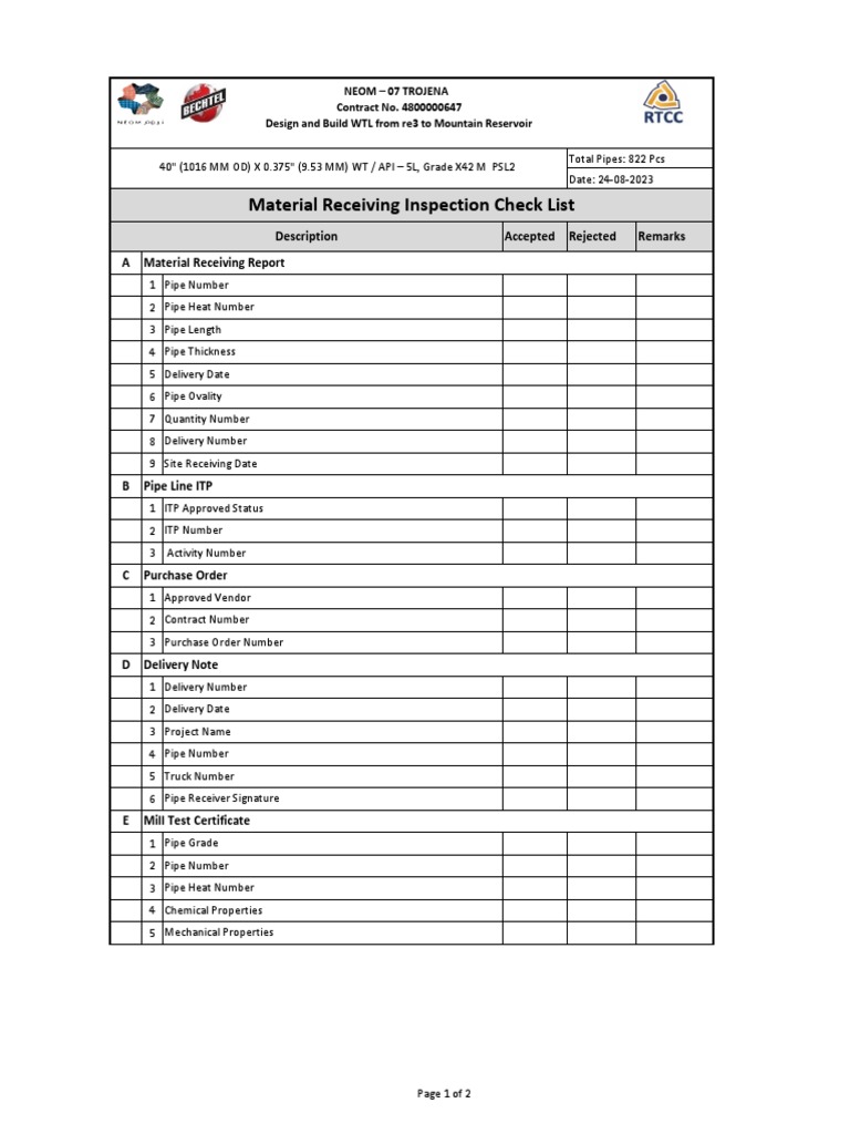 Pipe Check List - MIR 000015 | PDF