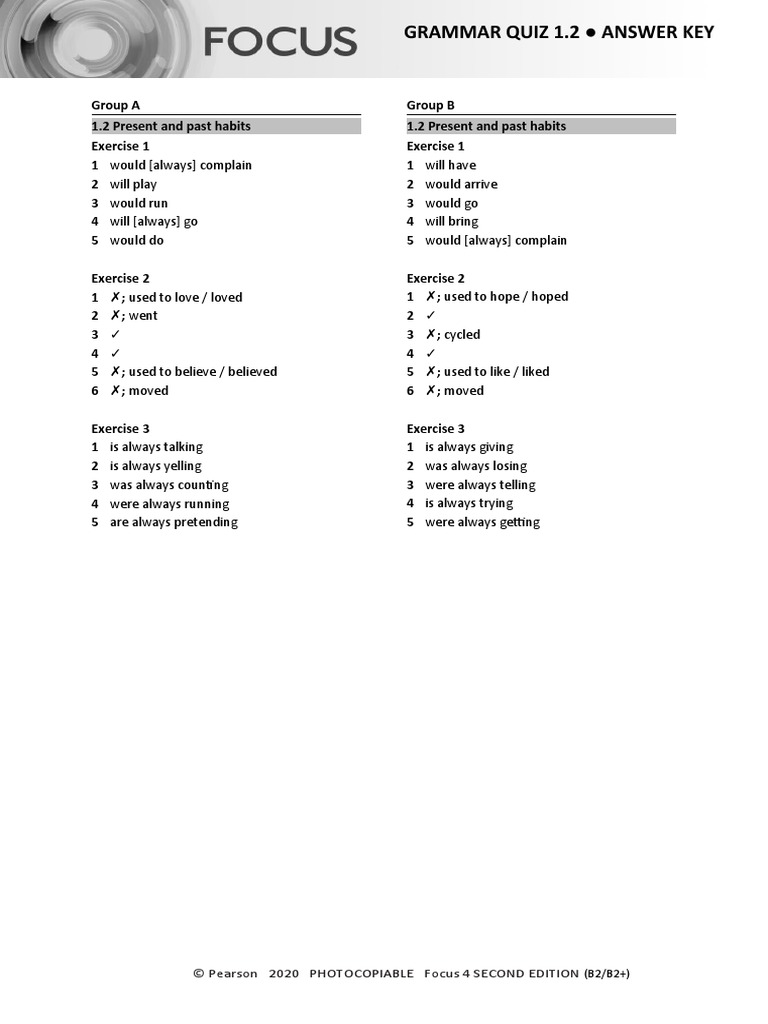 Focus 4 Grammar Quiz 1.2 Answers | PDF | Wellness