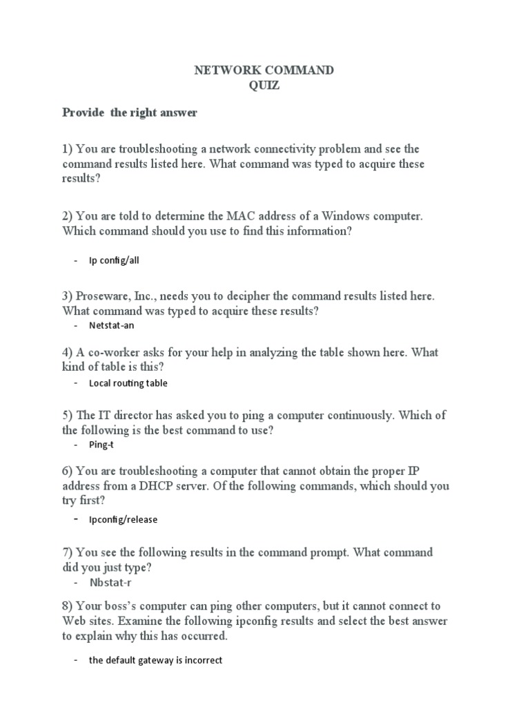 Network Command Quiz PDF