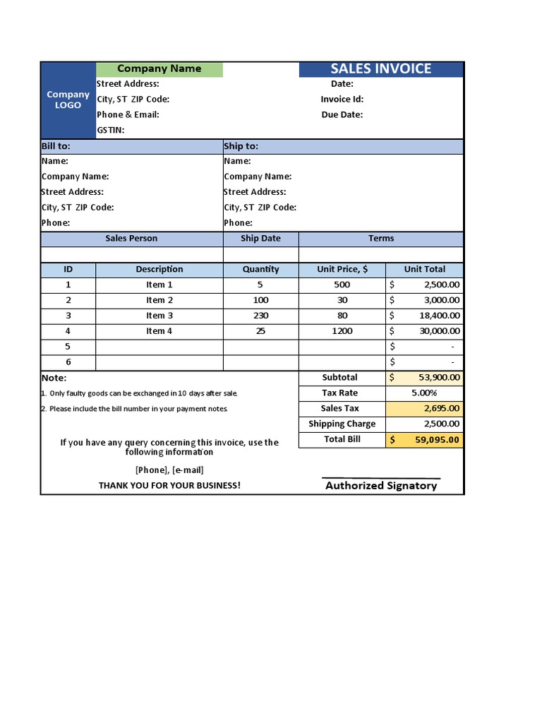 Tally Sales Invoice Template PDF