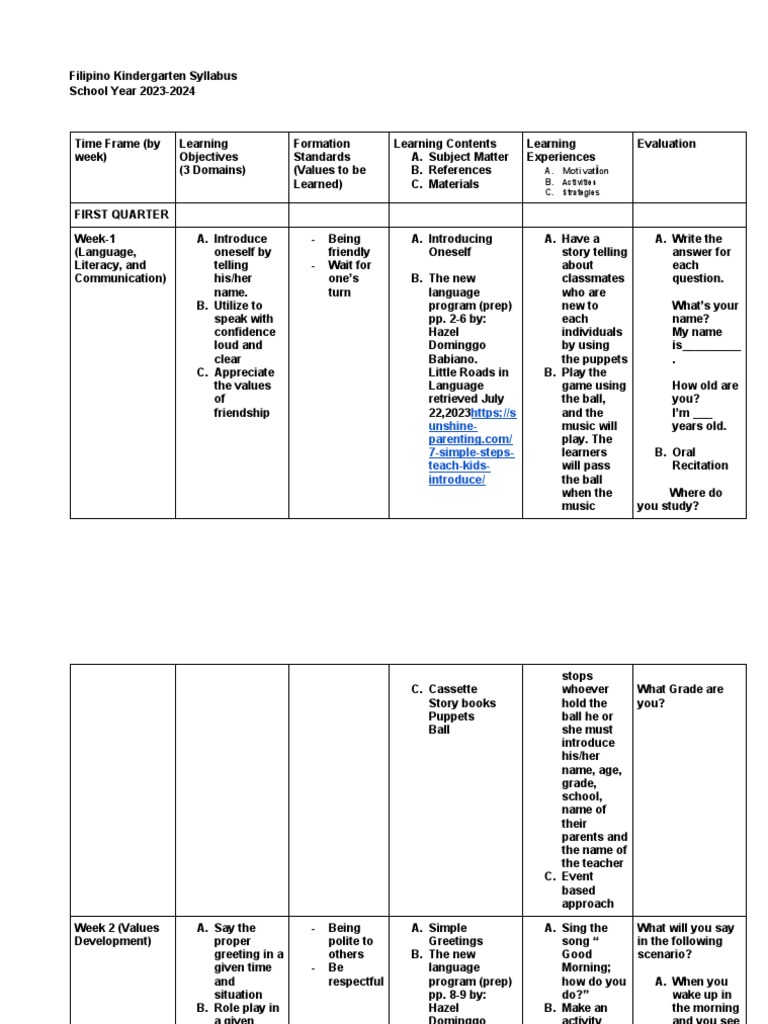 Kindergarten Syllabus In Usa Pdf
