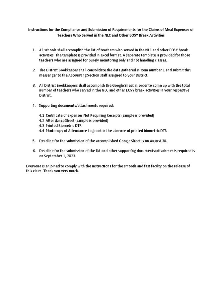 Instructions for the compliance and submission of requirements for the