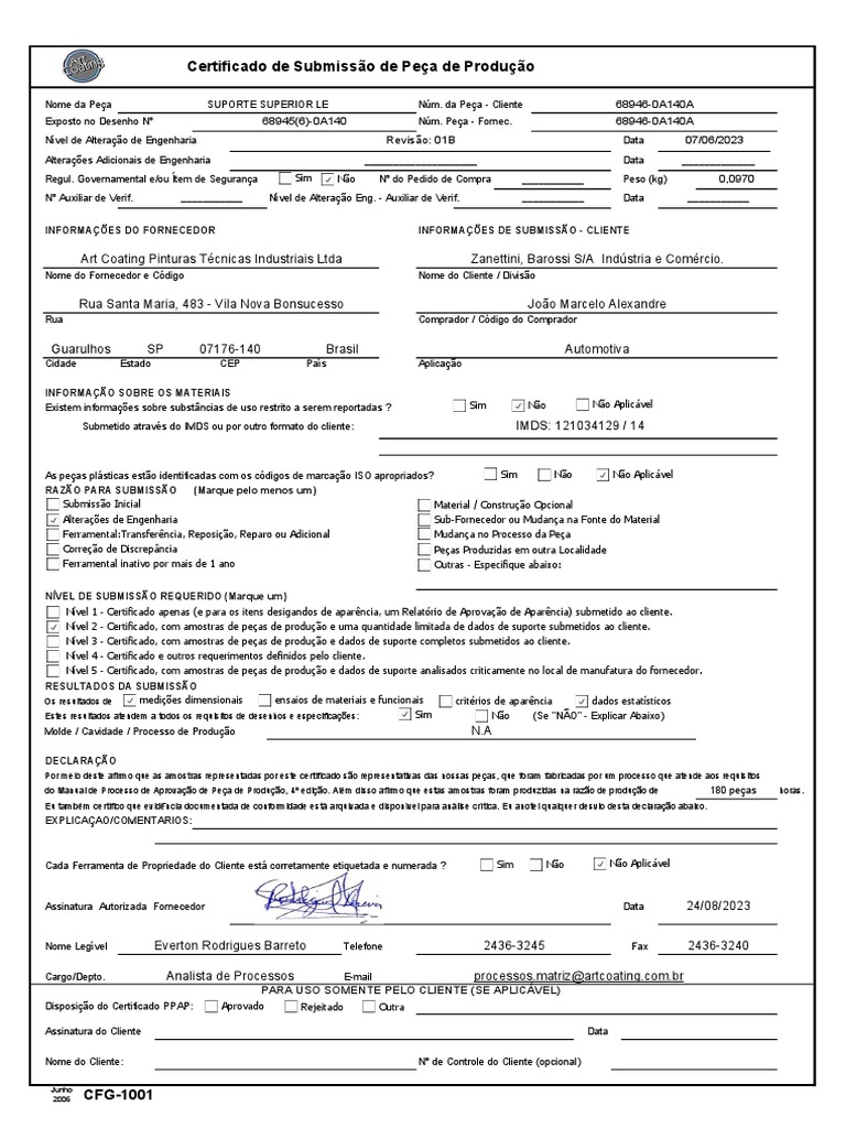 Certificado de Submissão PPAP | PDF