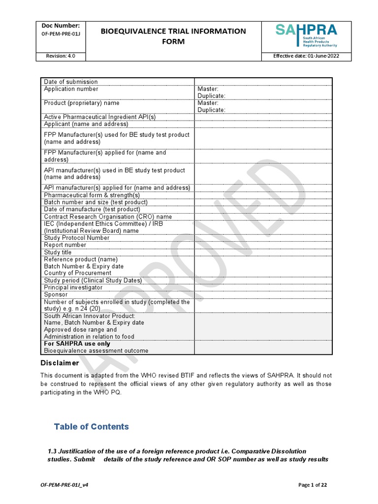 Btif of Pem Pre 01j v4 Bioequivalence Trial Information Form | PDF