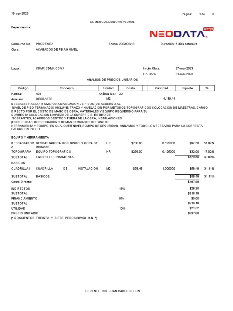 Análisis de Precios Unitarios Prodemex | PDF | Materiales