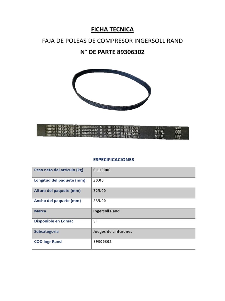 Courroie De Transmission Bando 89306302 Pour INGERSOLL RAND - Neuf Sous Blister