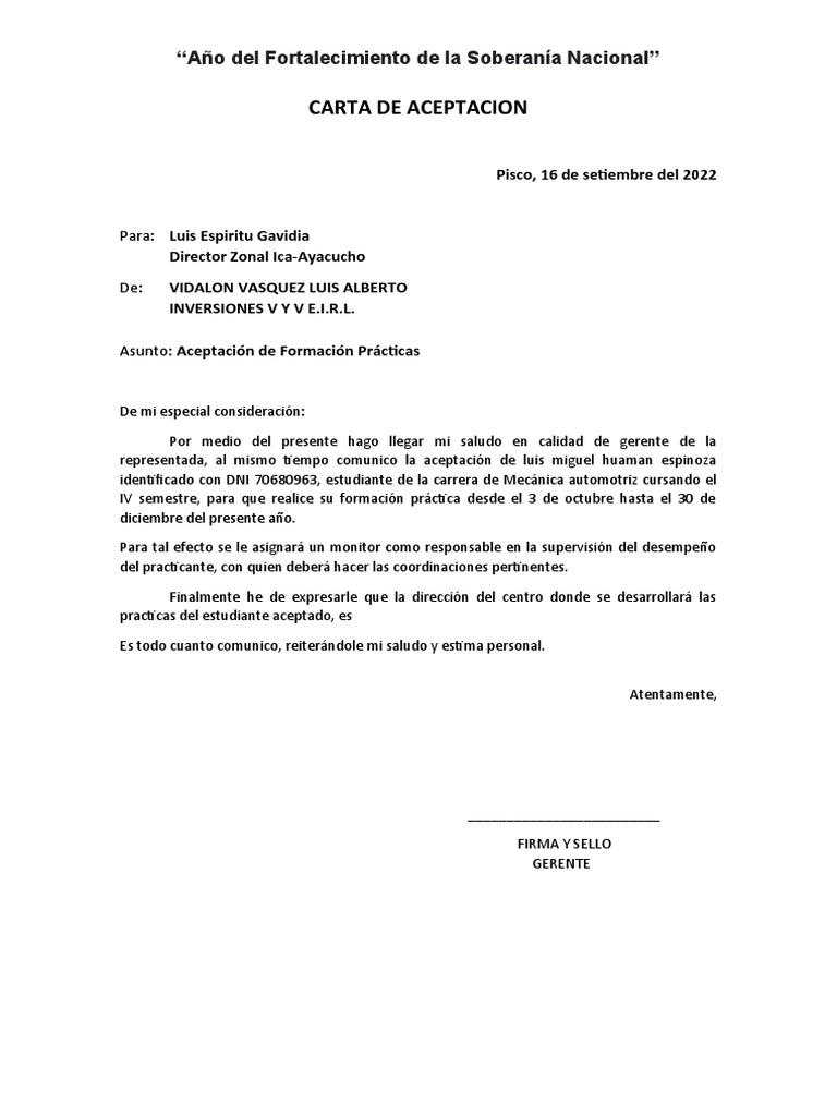 Carta de Aceptación Modelo | PDF
