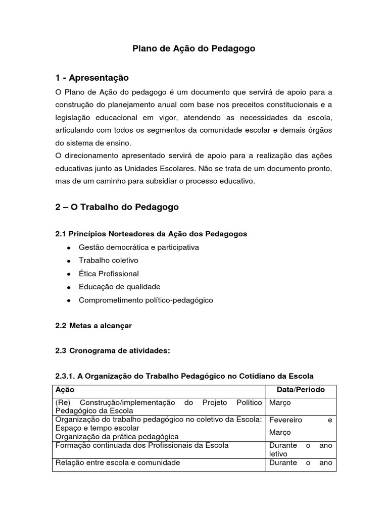 Plano de Ac3a7c3a3o Do Pedagogo | PDF