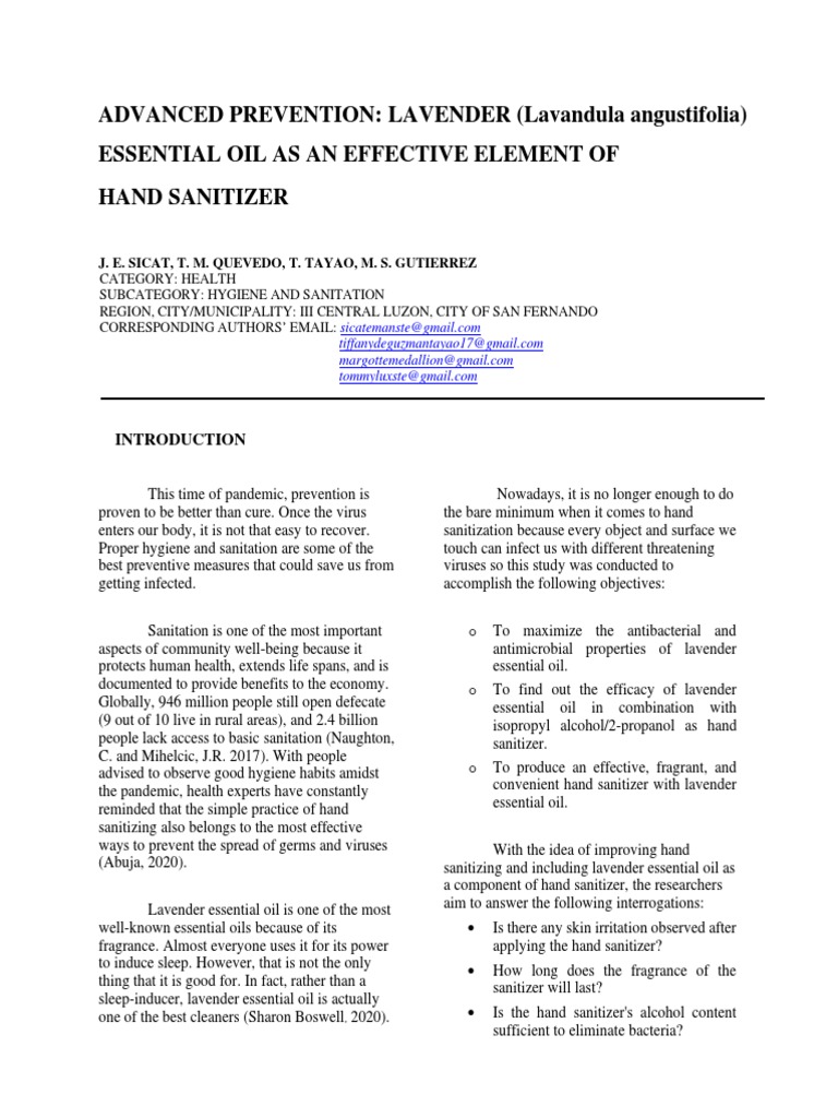 Lavender Essential Oil Hand Sanitizer | PDF | Disinfectant | Antimicrobial