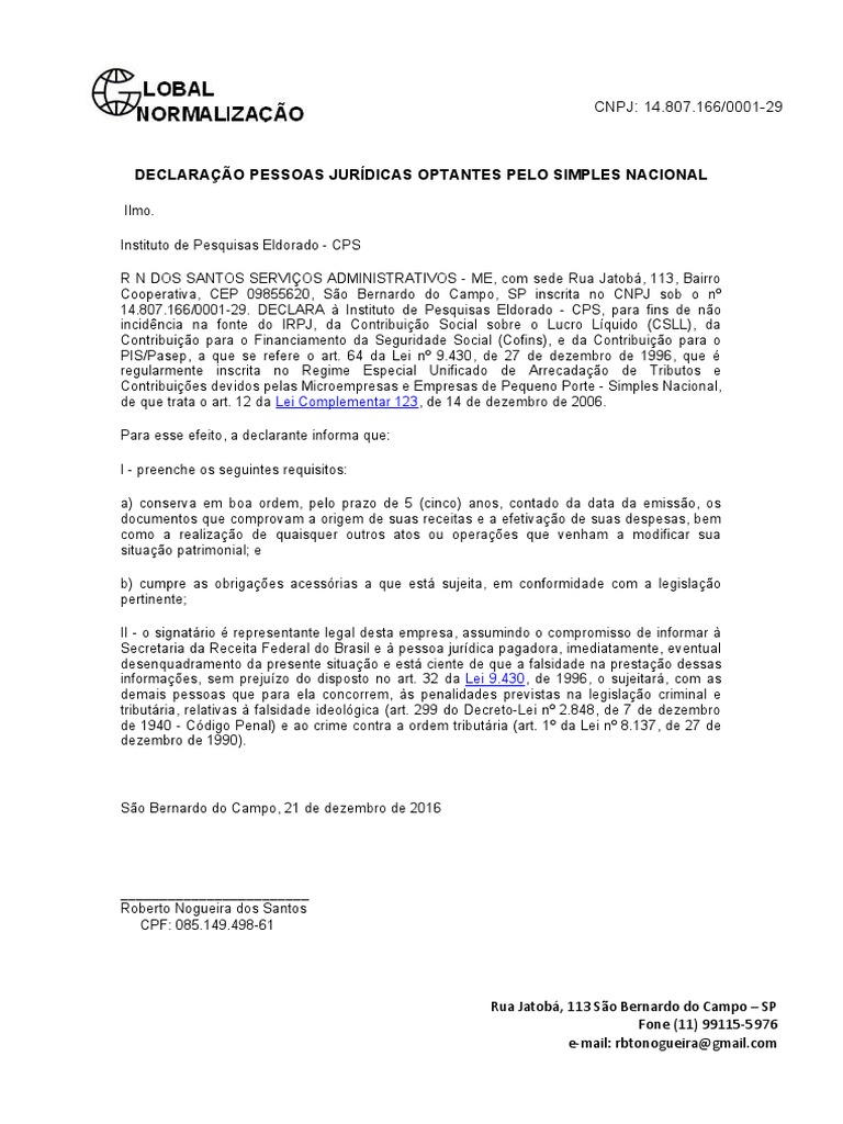 Declara o pessoas jur dicas optantes pelo simples nacional pdf