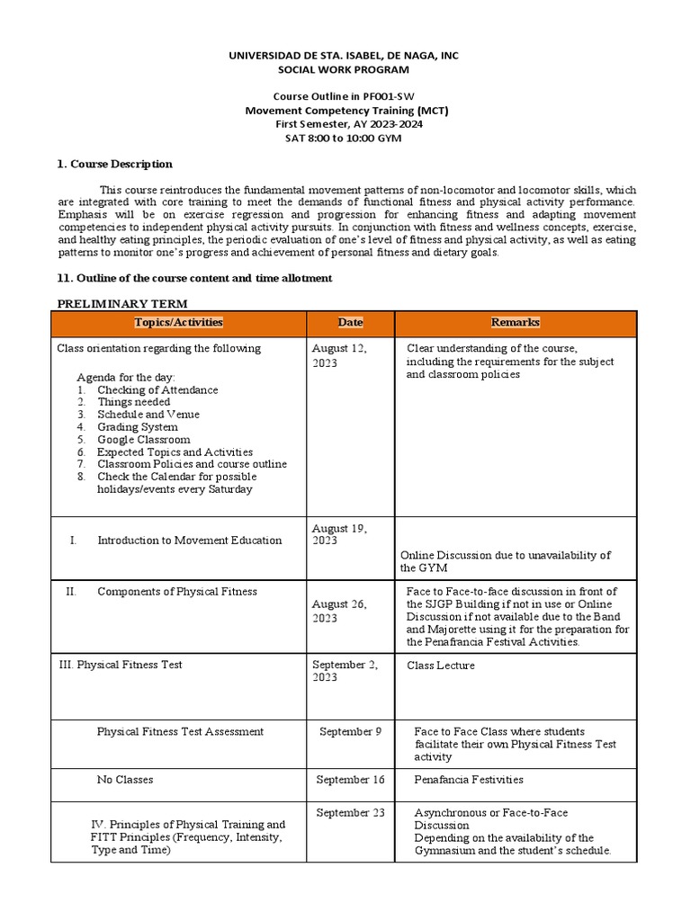 Course Outlinein PE 1 (PAFTHFit 1) MTC - SW | PDF | Physical Fitness ...