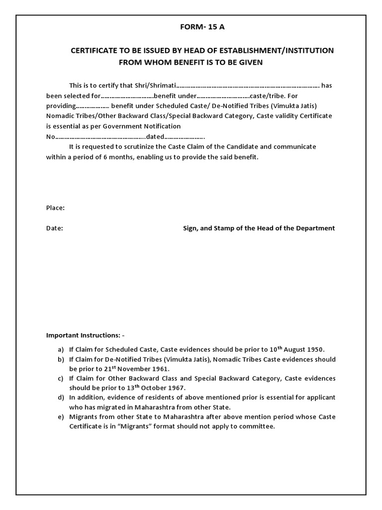 Caste Validity Form No. 15A Instructions | PDF | Politics | Social Science