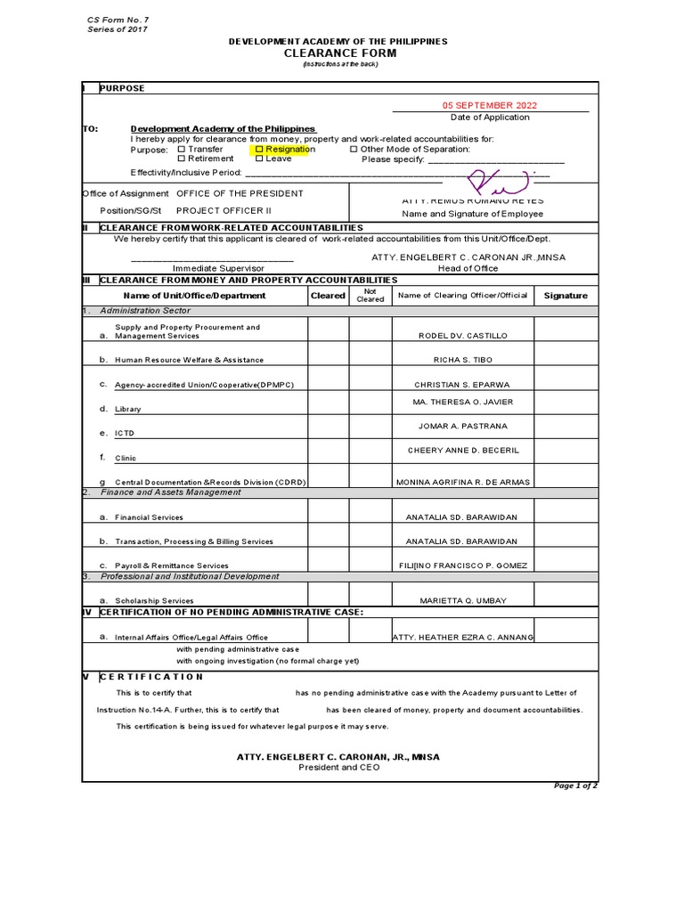 Cs form no 7 clearance form fiiled pdf