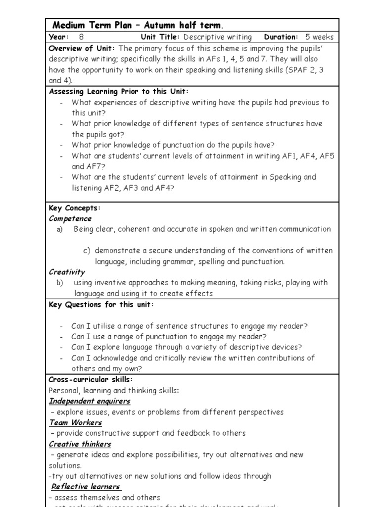 Year 8 Descriptive Writing Scheme | PDF | English Language | Adverb