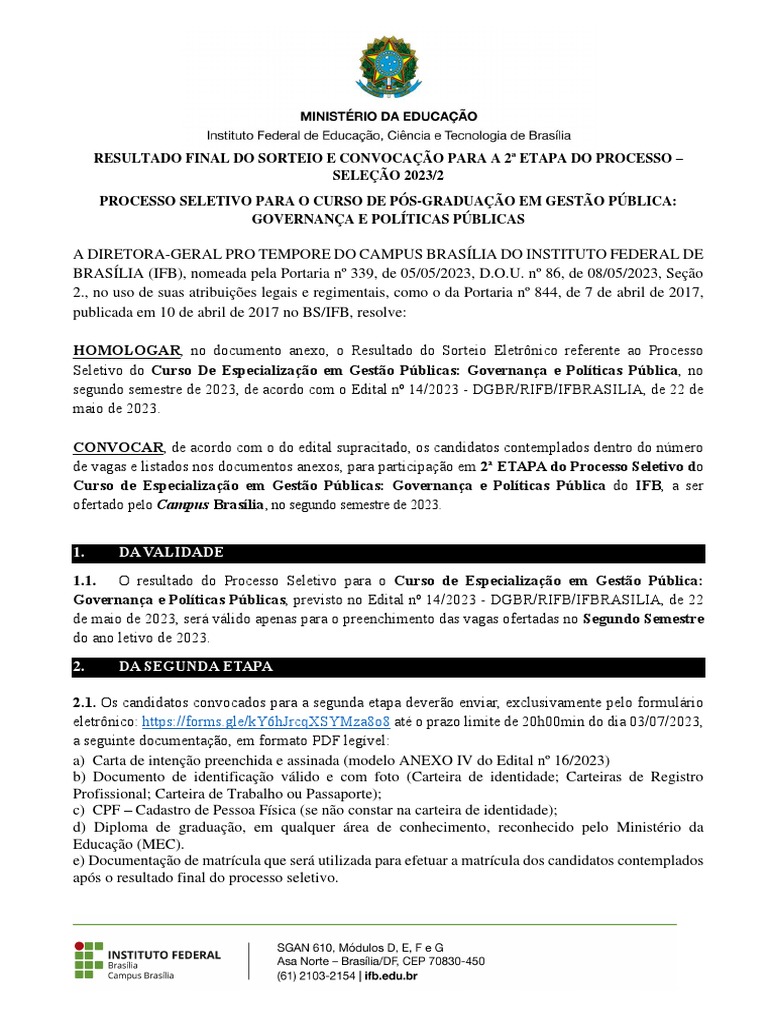 Homologação Do Resultado Do Sorteio e Convocação para 2a Etapa ...