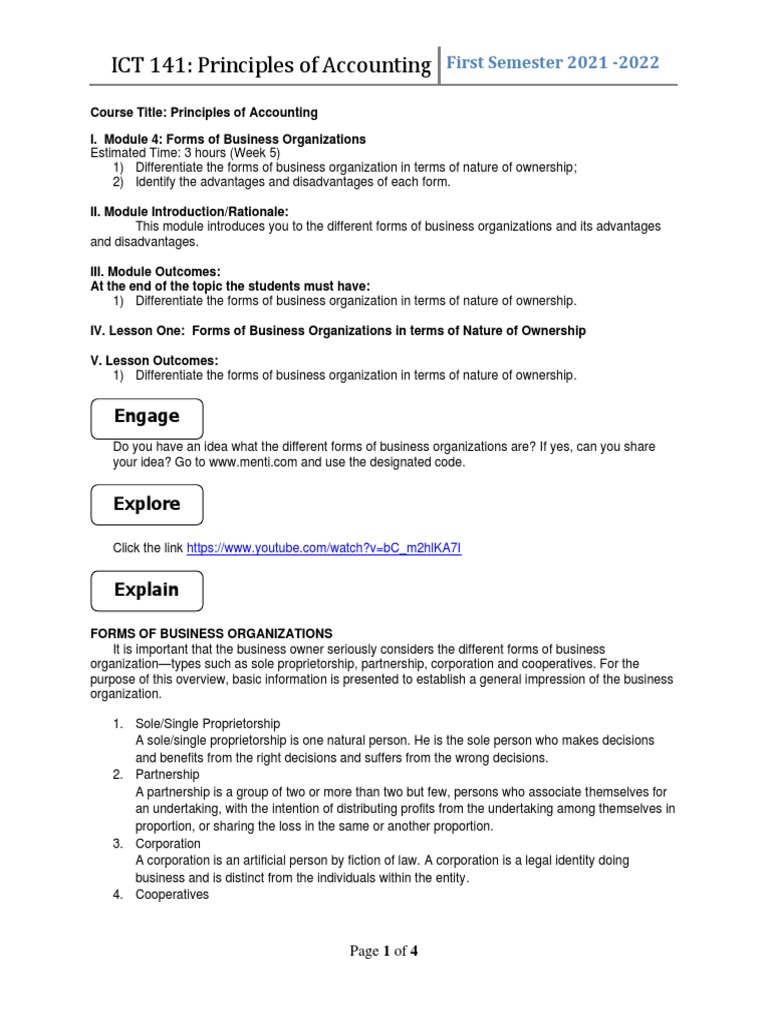 Module 4 Ict 141 Module 4 Forms Of Business Organizations Pdf